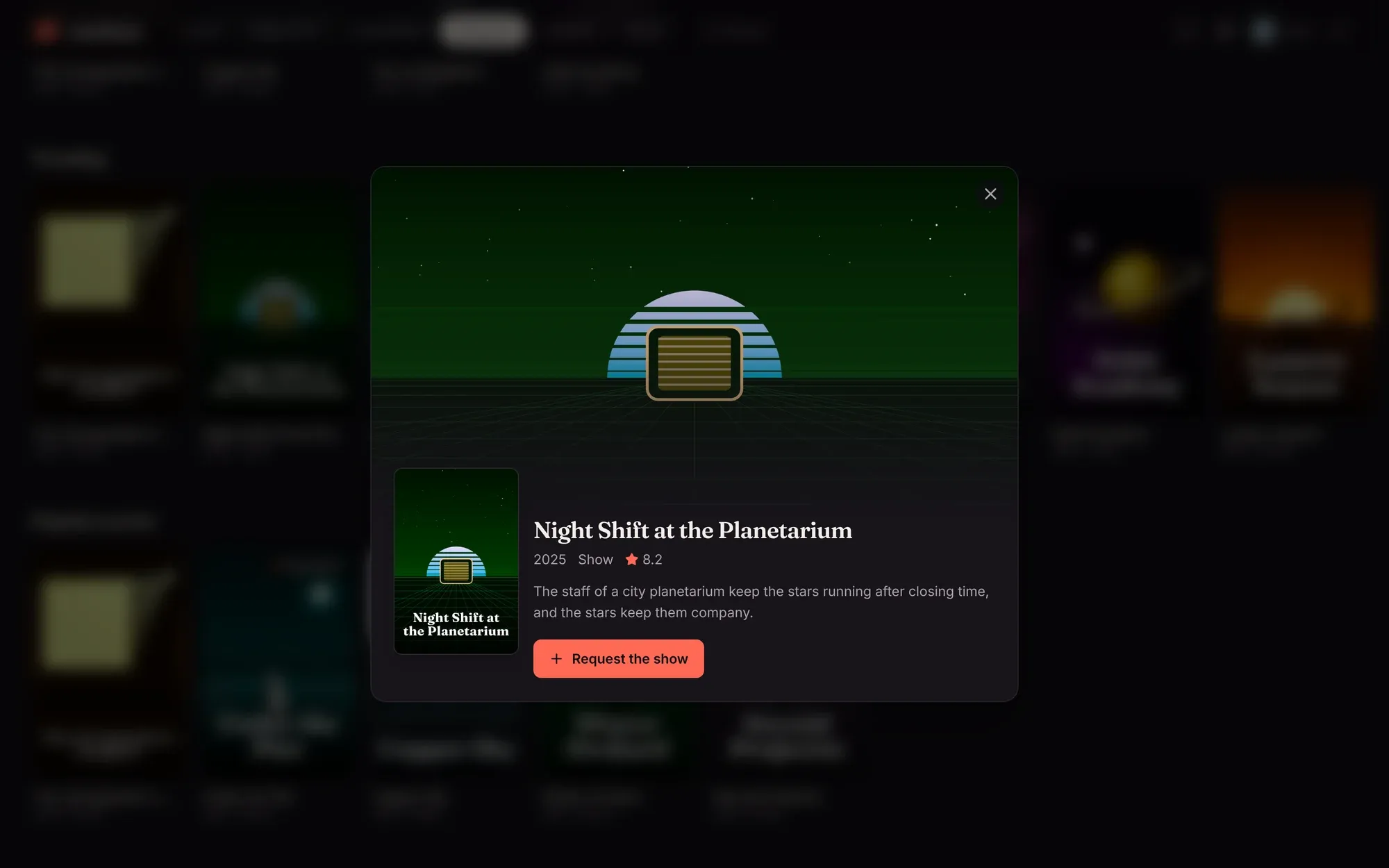 A show opened from Discover, with a Request the show button