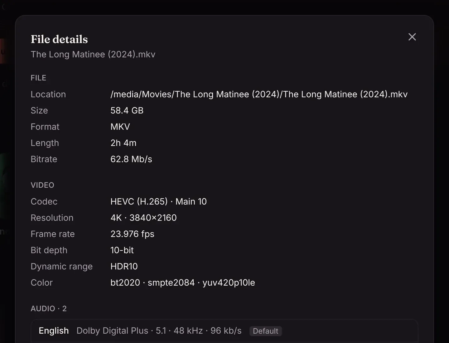 File details for a 4K HDR10 movie
