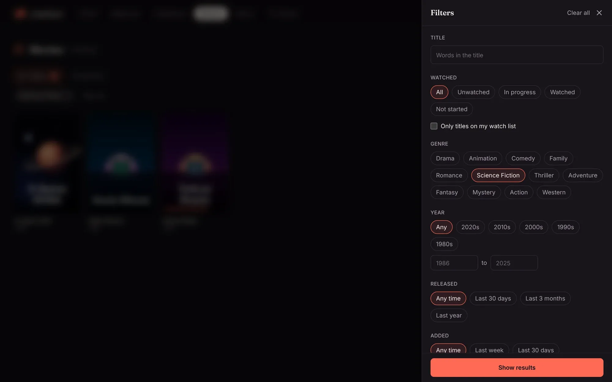 The Filters panel open on the Movies library