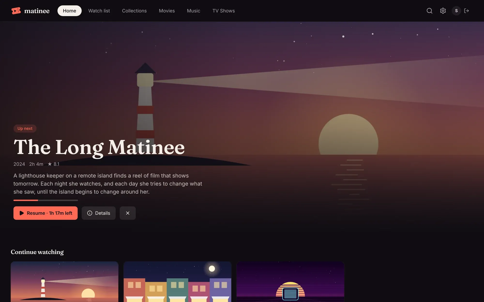 Matinee's Home, with a movie featured at the top and Continue watching below