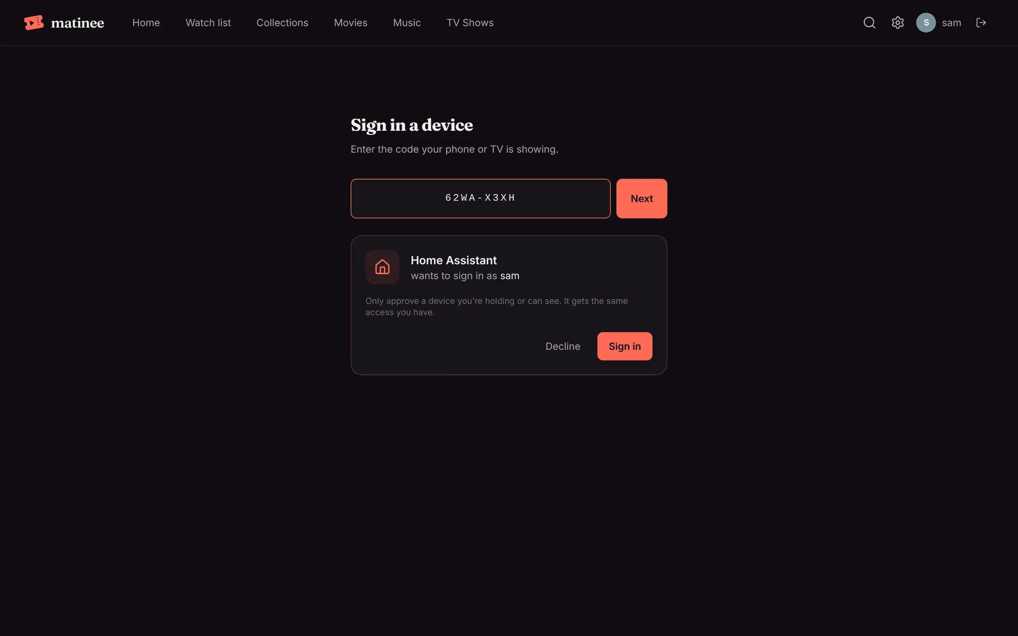 Approving Home Assistant on the server’s /link page