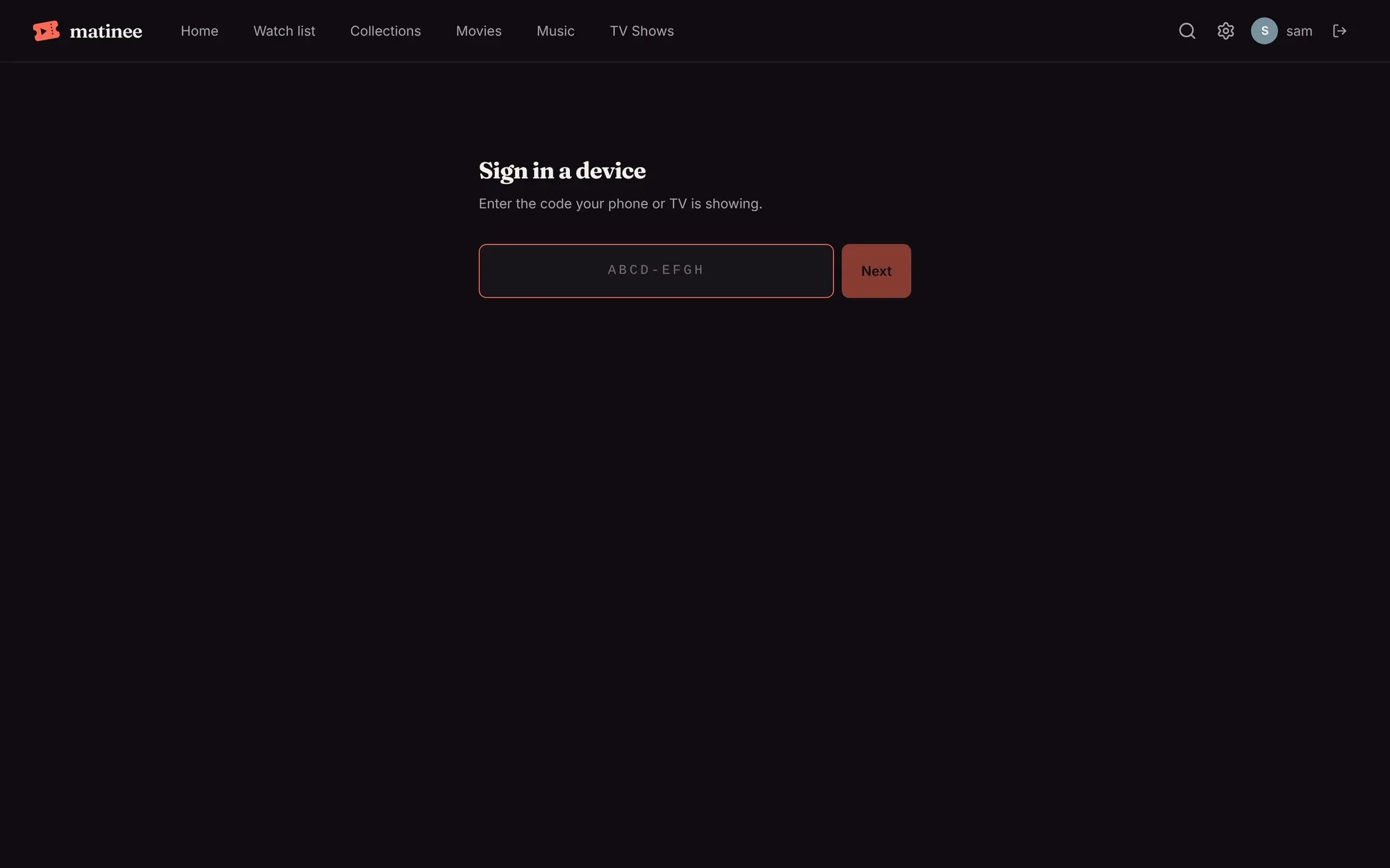 The Sign in a device page, waiting for a code