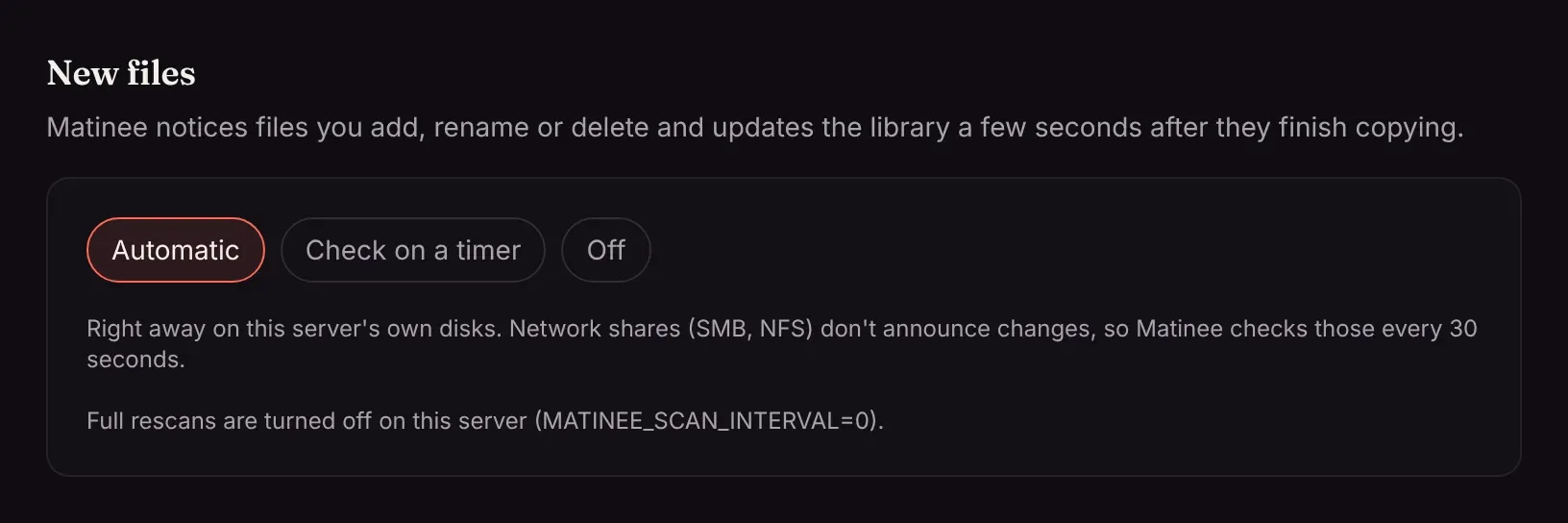 The New files settings, with Automatic picked