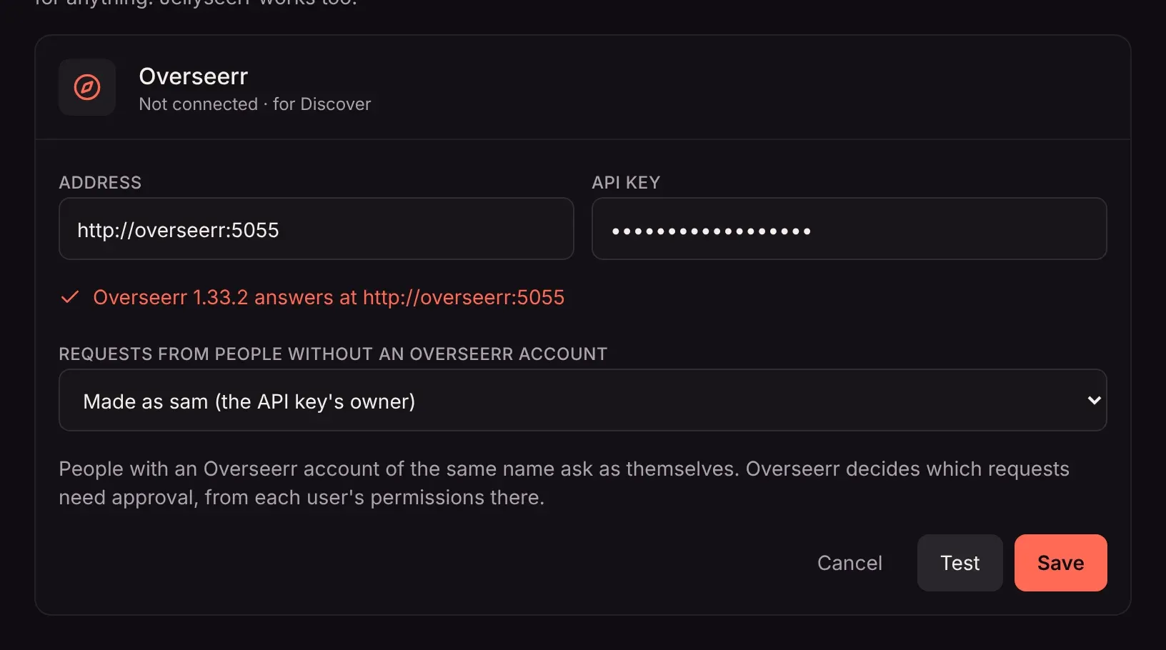 Connecting Overseerr: address, API key, and who requests are made as