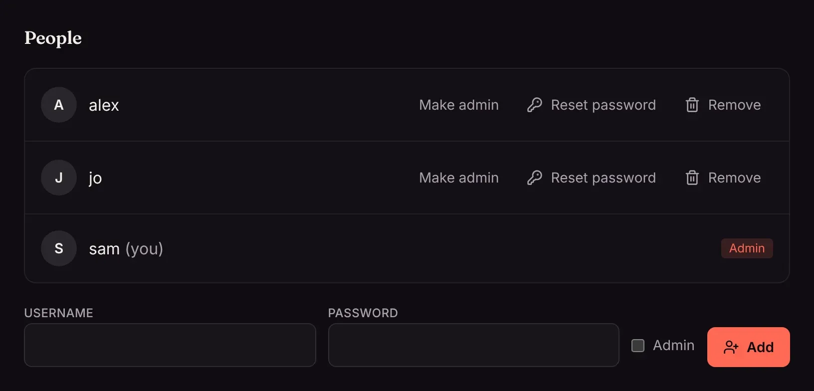 The People settings: two accounts and the admin, with the form to add another