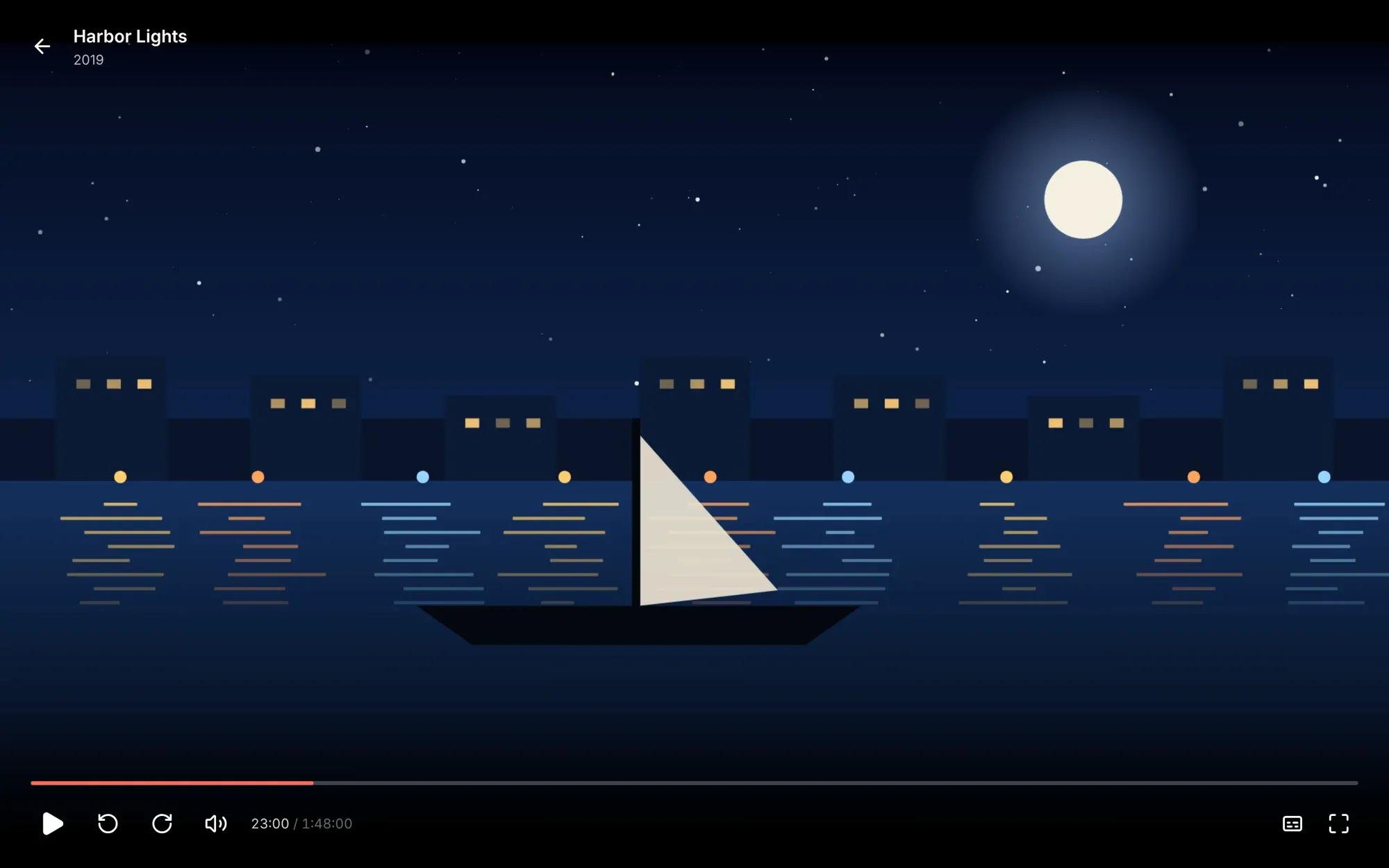 The player with its controls showing: seek bar, play, skip, volume, time, subtitles and fullscreen