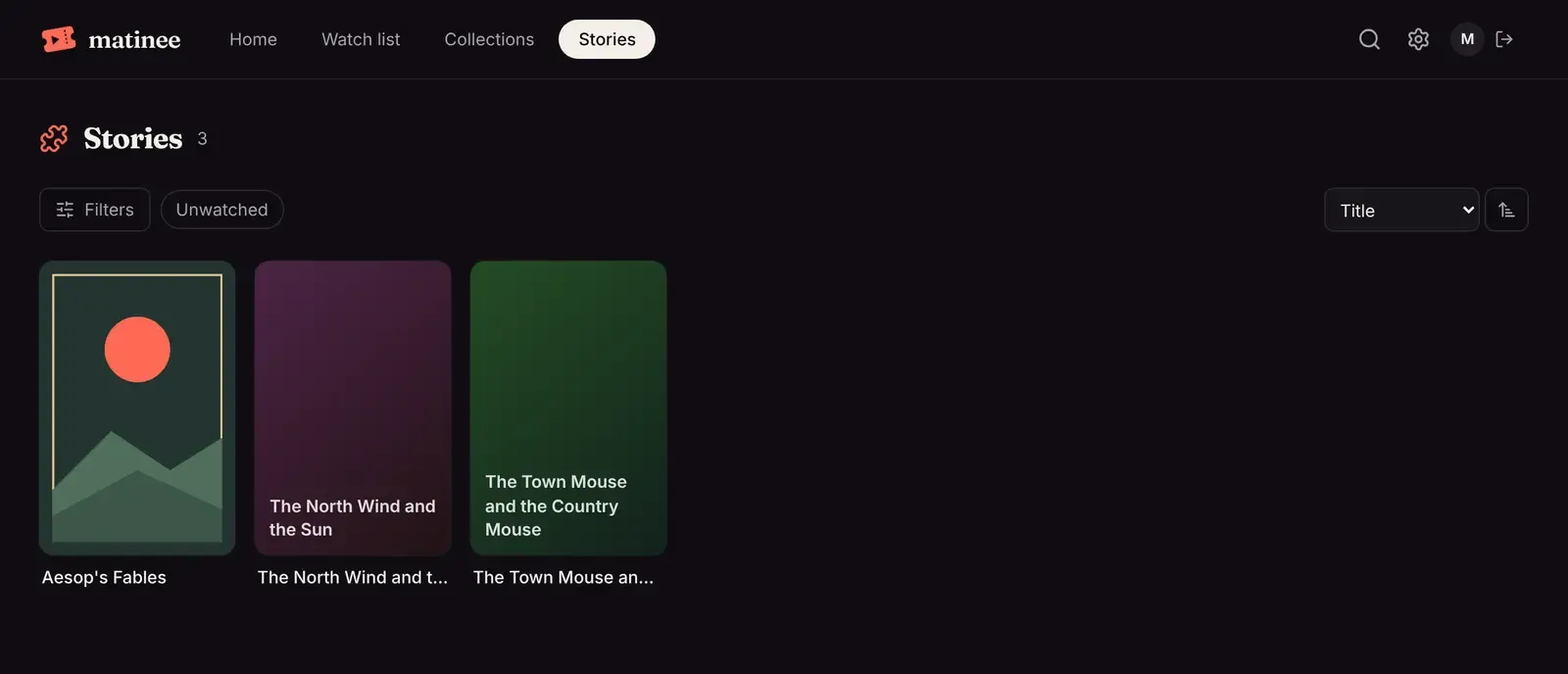 A Stories library in Matinee, from the finished example: a book of Aesop’s fables, which the example gives a cover, and two stories on their own