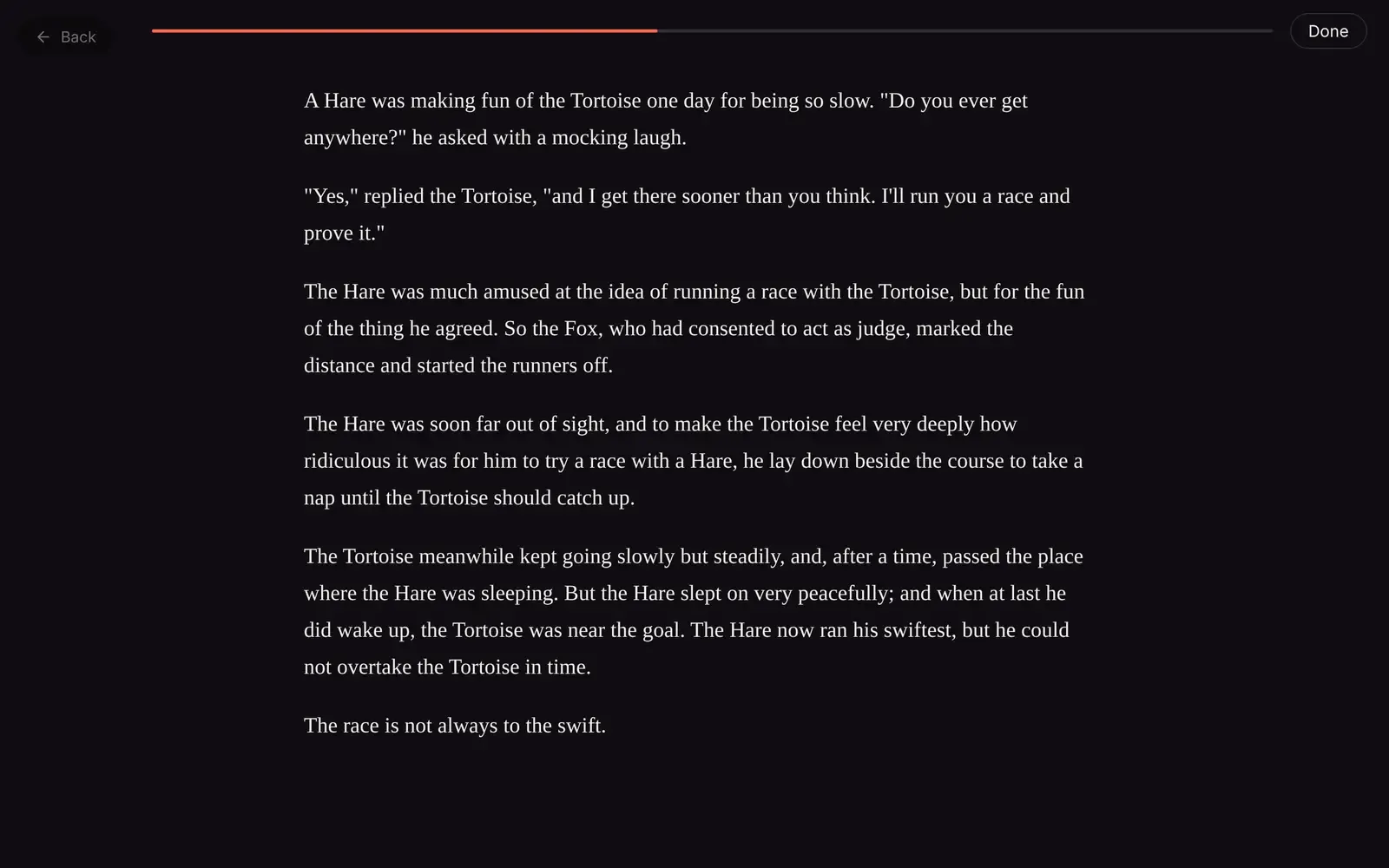 The finished example’s reader playing a story in Matinee’s web player
