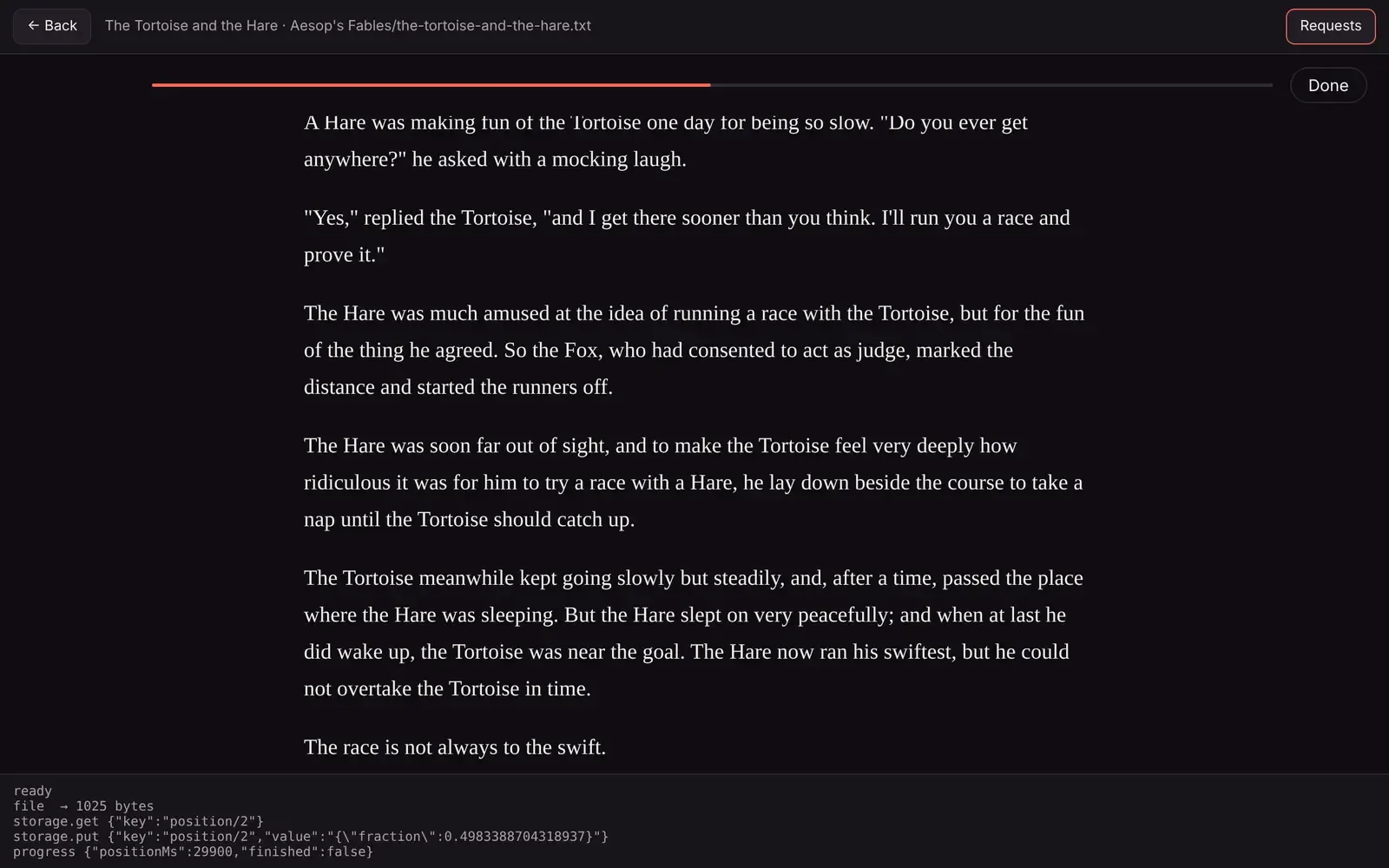 The matinee-plugin try page playing a story, with the player’s requests shown below it