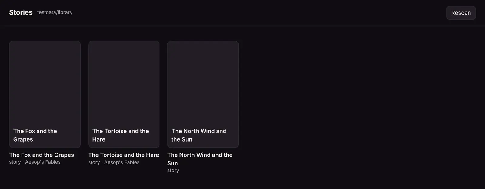 The matinee-plugin try page, listing three stories scanned by the plugin