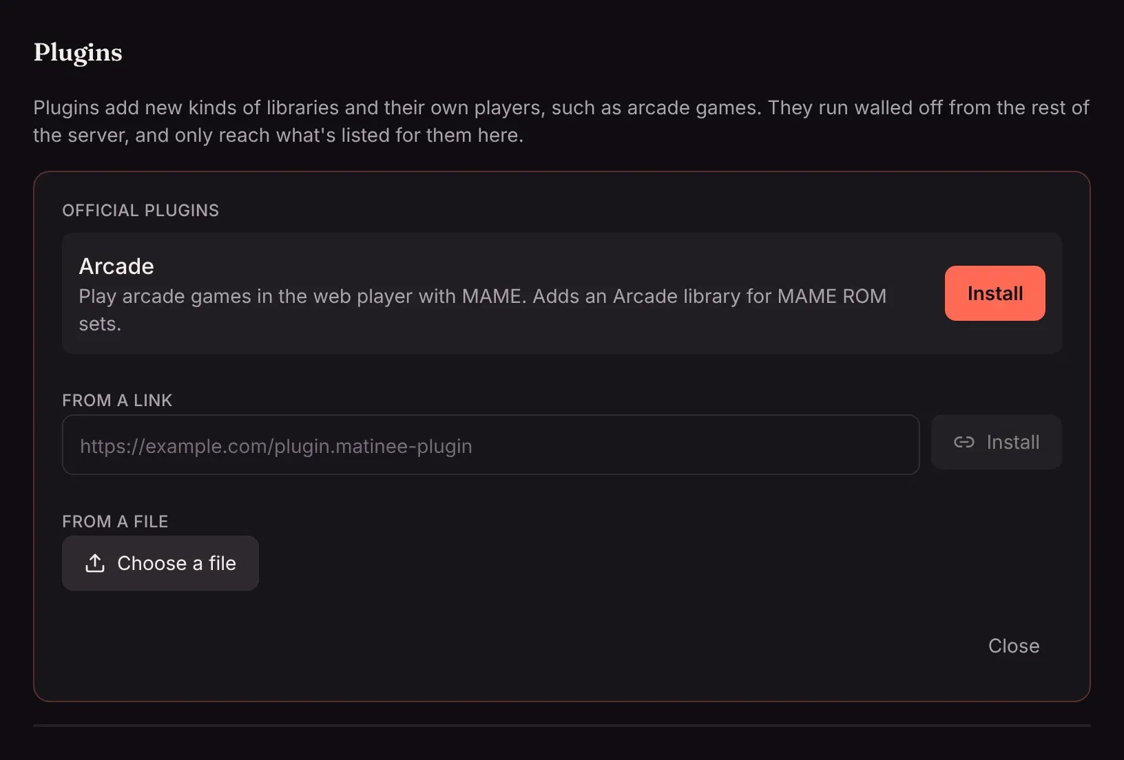 Adding a plugin: the official plugins, or one from a link or a file