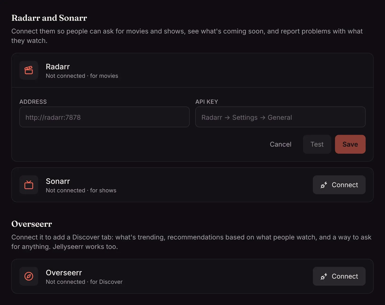 Connecting Radarr: address, API key, quality profile and folder