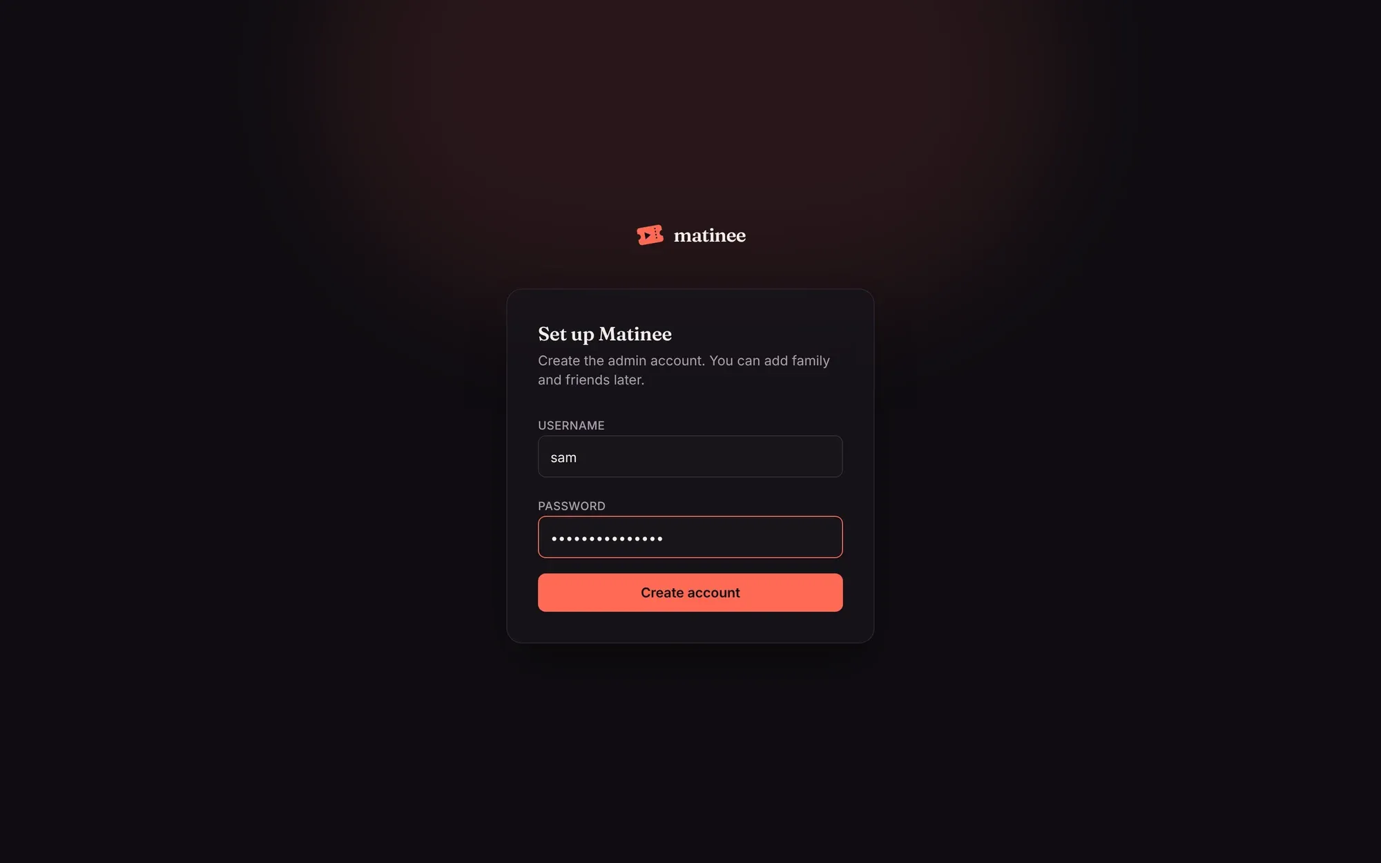 The Set up Matinee page, with a username and password filled in