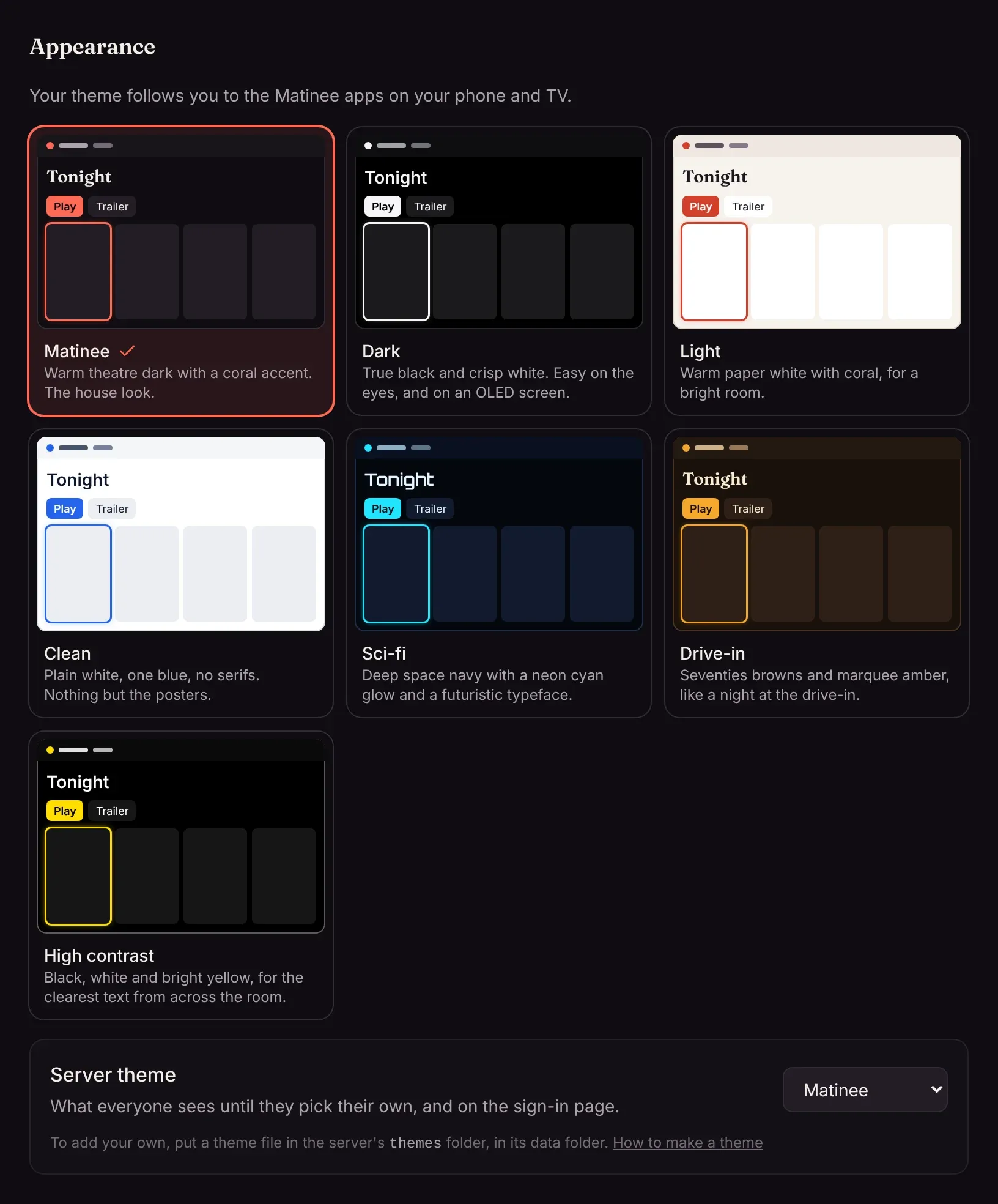 Settings → Appearance with the seven themes